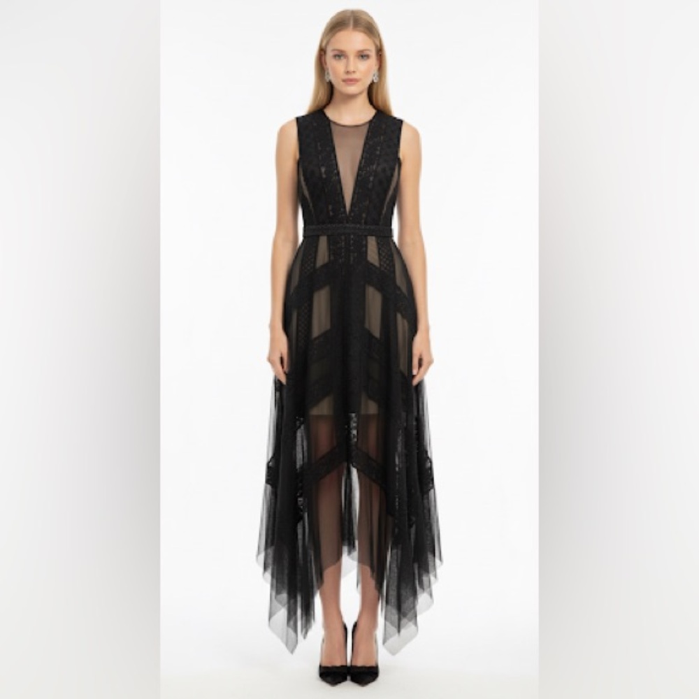 Bcbgmaxazria tulle and lace maxi dress in size 8
